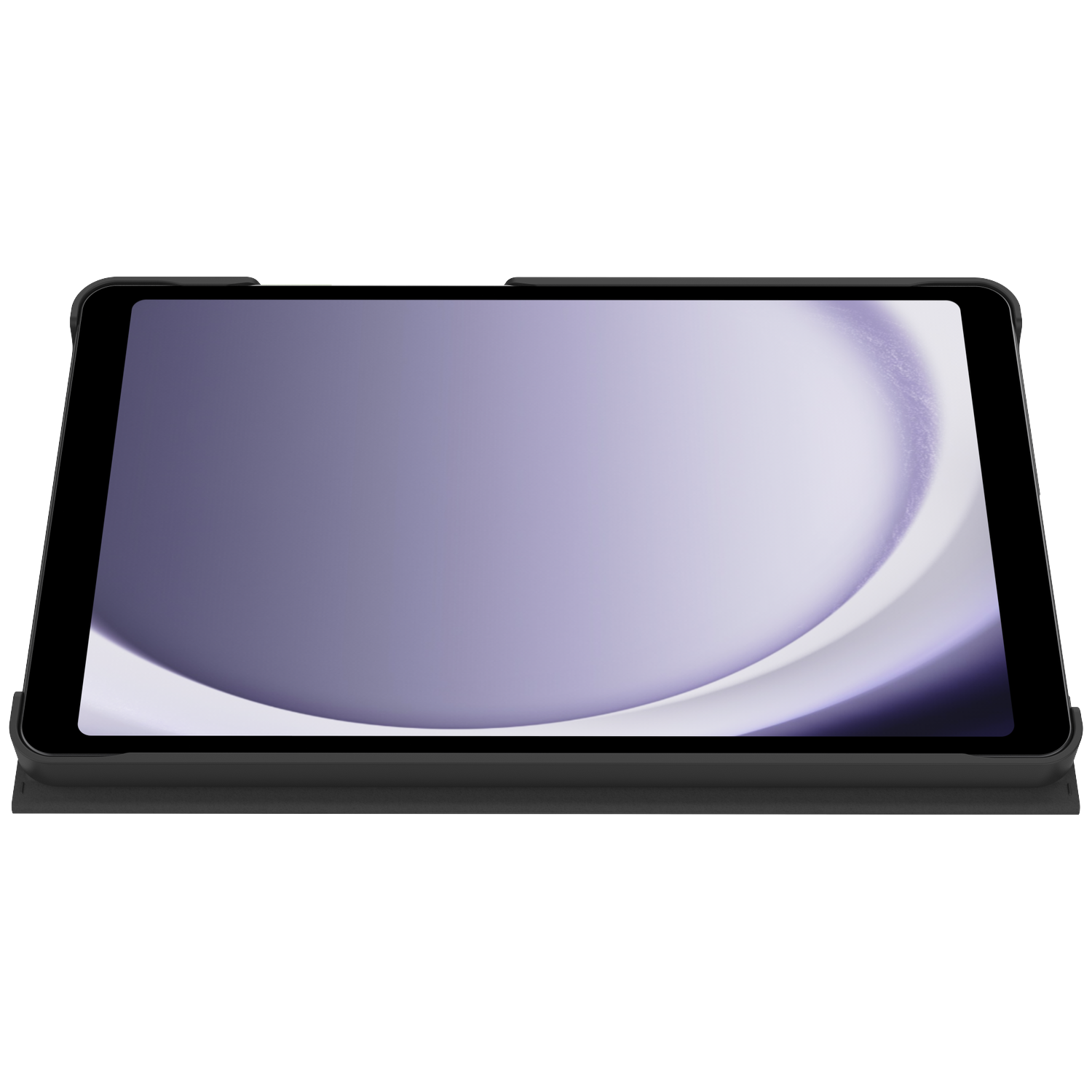 A tablet in a black case is displayed. The screen shows a gradient of purple and white. The case is open and set at an angle.