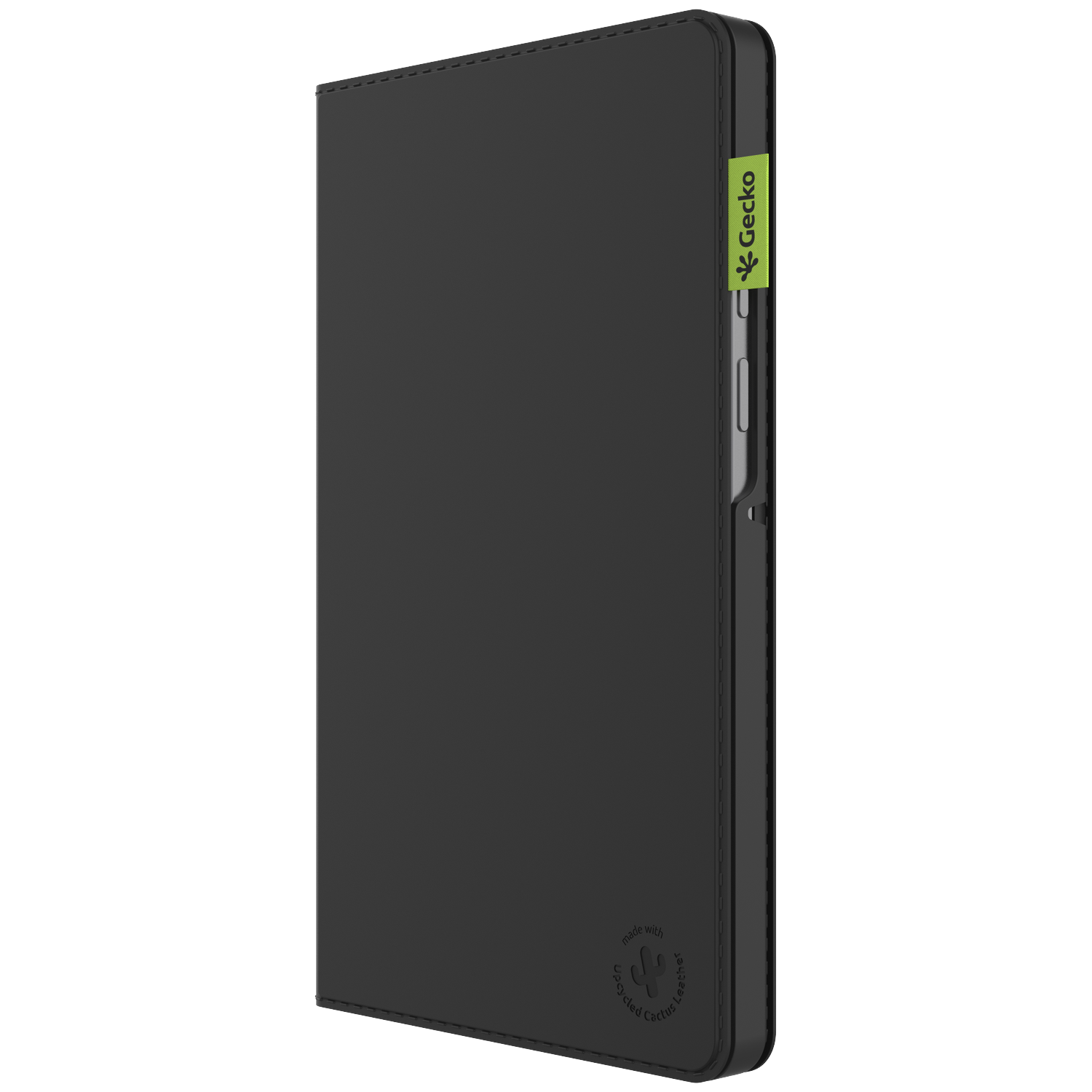 Black tablet case with green Gecko label. Made with recycled cactus leather, stitched edges and a slim design.