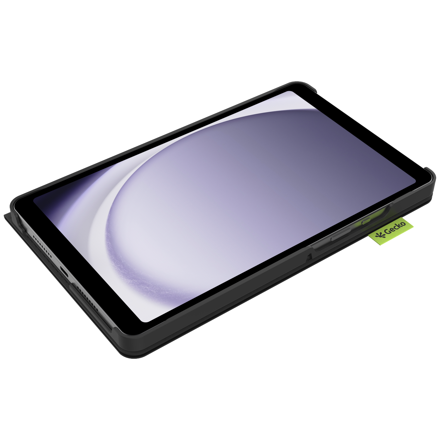 A black tablet in a case, showing a screen with a white and purple design. A green Gecko tag is visible on the side.