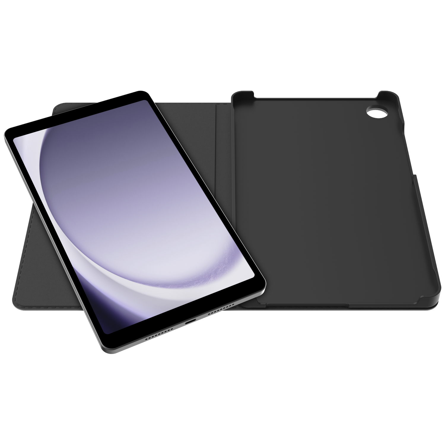 Tablet in a black case, open. The screen displays a purple and white gradient. The case is open, revealing its interior.