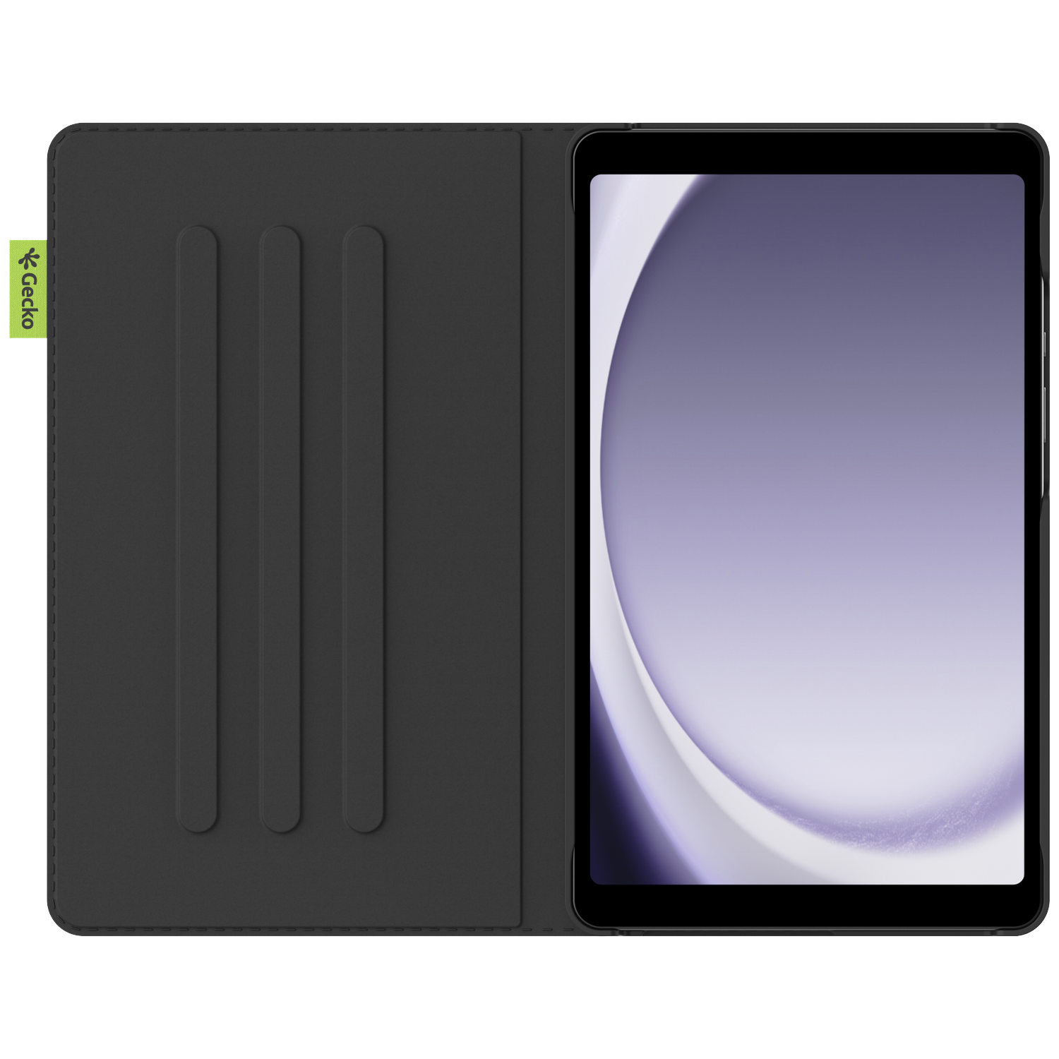A black tablet in a folio case. The case is open, revealing the screen. The case has three vertical ridges and a green logo.