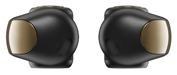 Dwa czarno-złote urządzenia, prawdopodobnie gadżety technologiczne, na białym tle. Mają zaokrąglony kształt.