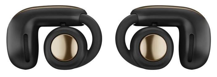 Dwa czarne i złote bezprzewodowe słuchawki. Mają okrągły złoty środek i czarny zaczep na ucho. Tło jest gładkie białe.
