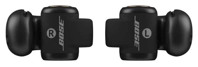 Dwa czarne słuchawki Bose, oznaczone jako 'R' i 'L', wyświetlane na białym tle. Słuchawki są obok siebie.