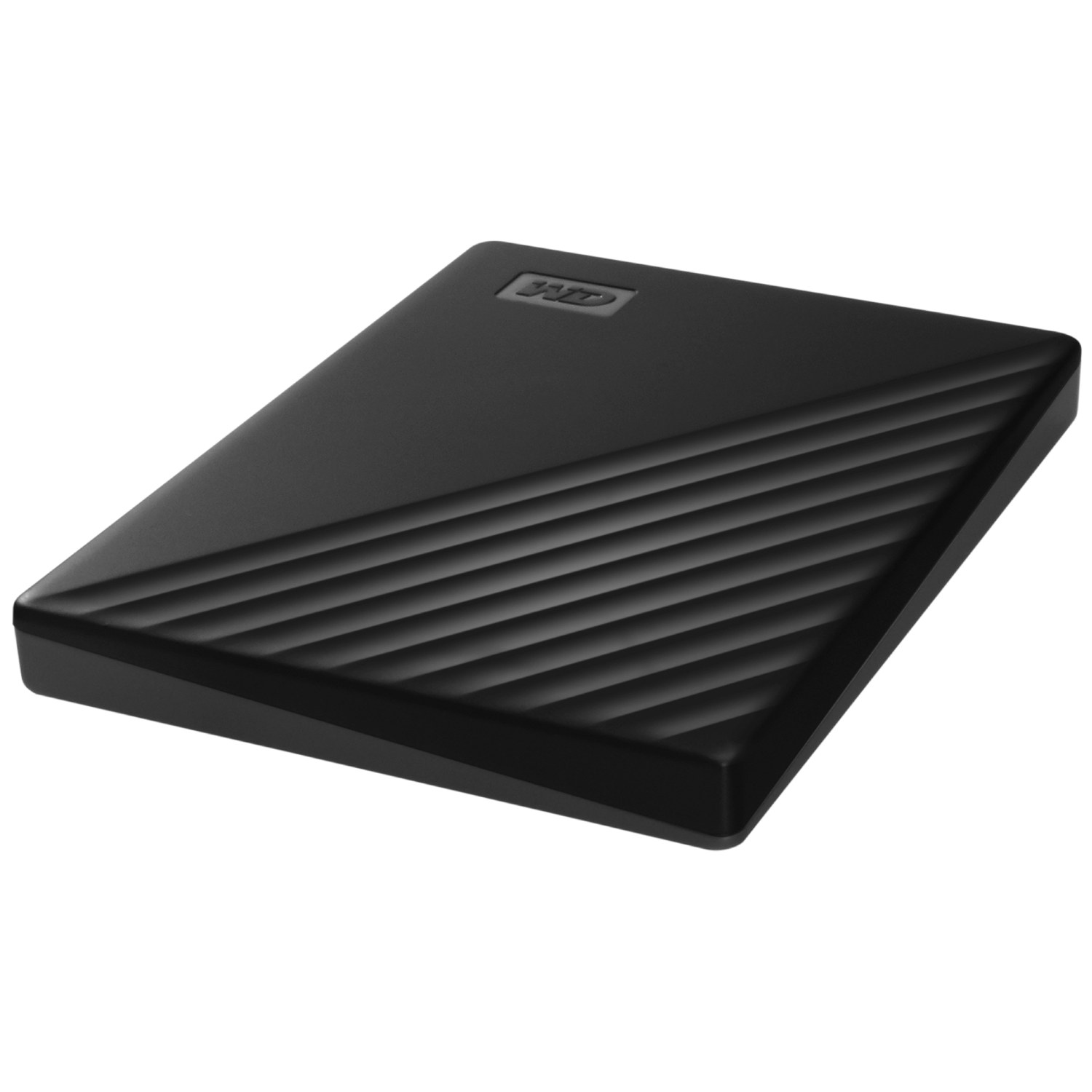 Un disco duro externo negro. La parte superior tiene un patrón texturizado de líneas diagonales. El logo de la marca es visible.