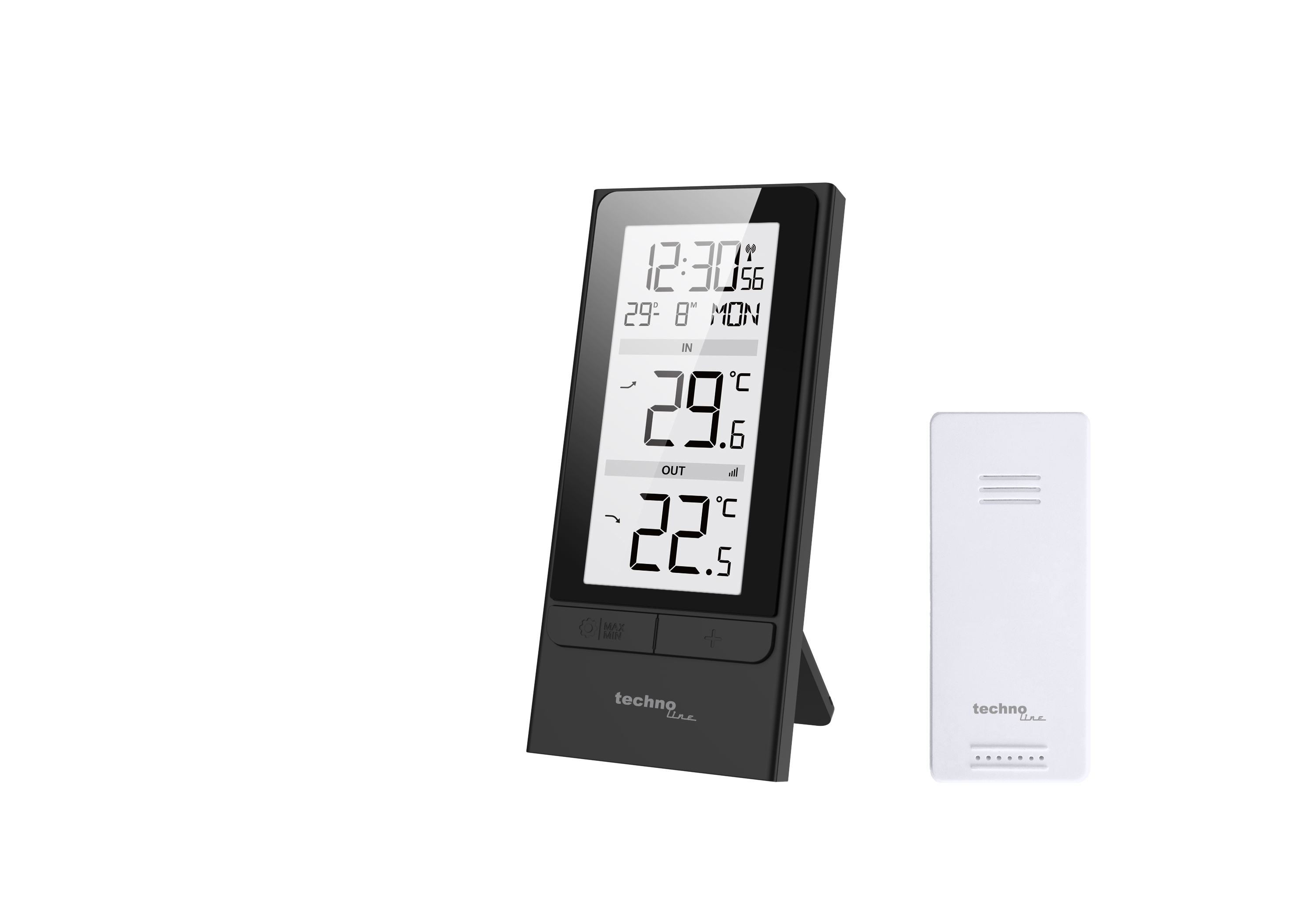 Ein schwarzes digitales Thermometer zeigt Uhrzeit, Datum und Temperatur an. Rechts ist ein weißer Sensor.