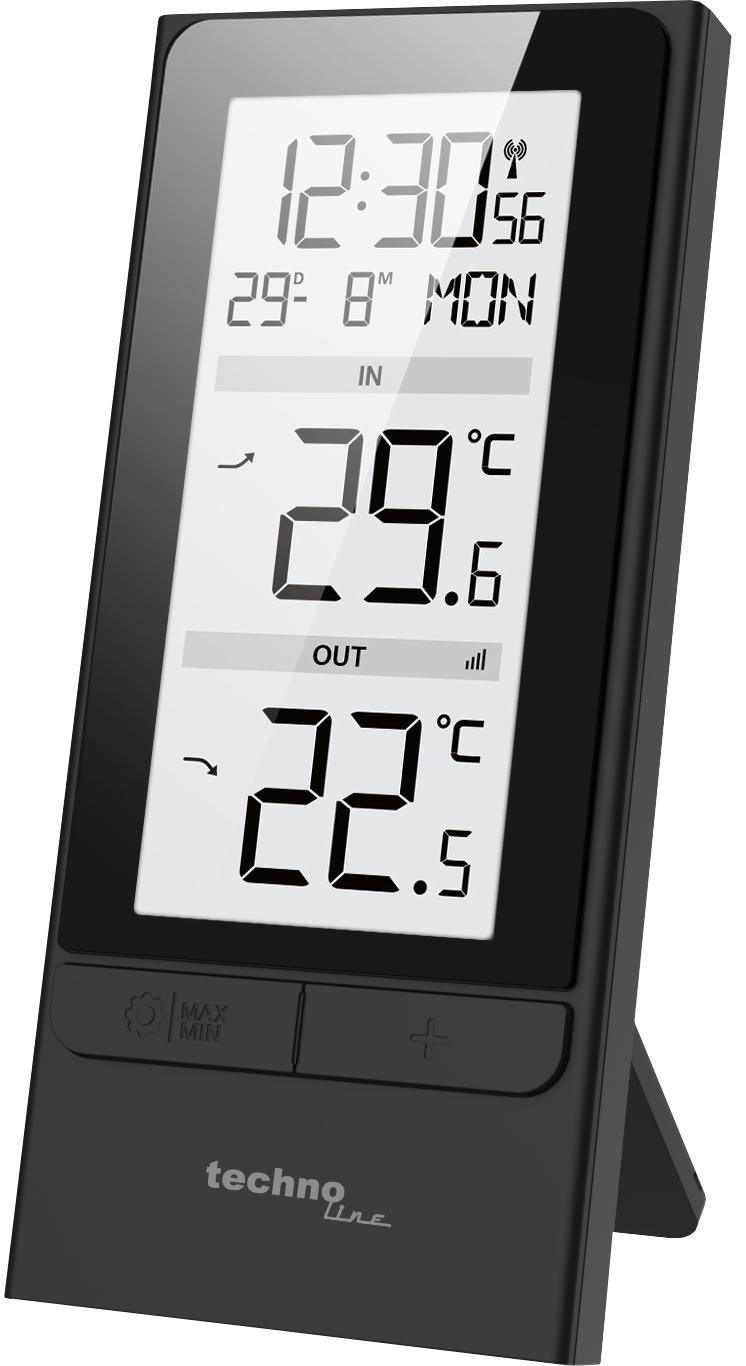 Schwarzes Digitalthermometer zeigt Zeit, Innen-/Außentemperaturen. Zeigt 29,6 °C innen und 22,5 °C außen. Tasten für Einstellungen.