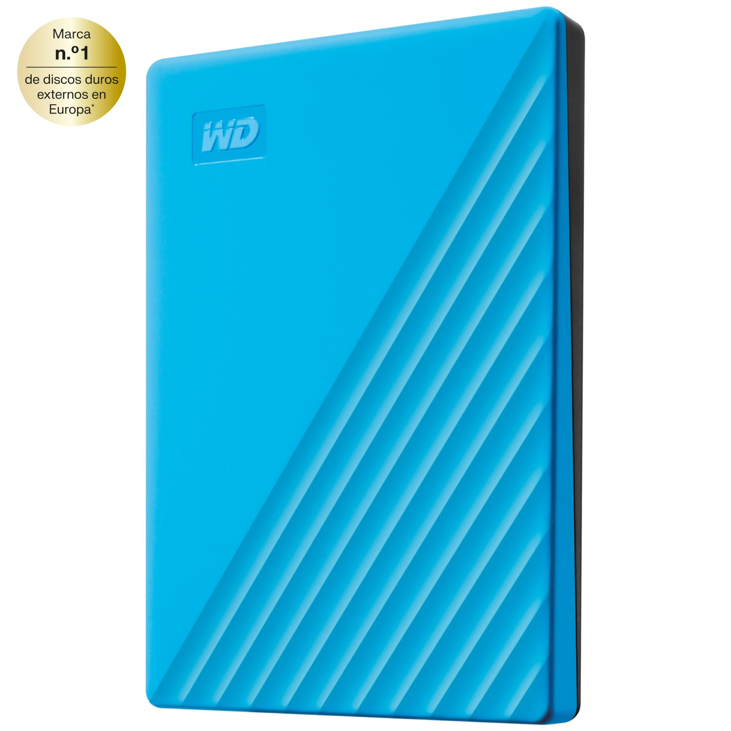 Un disco duro externo wd con una insignia que dice marca numero uno de discos duros externos en Europa