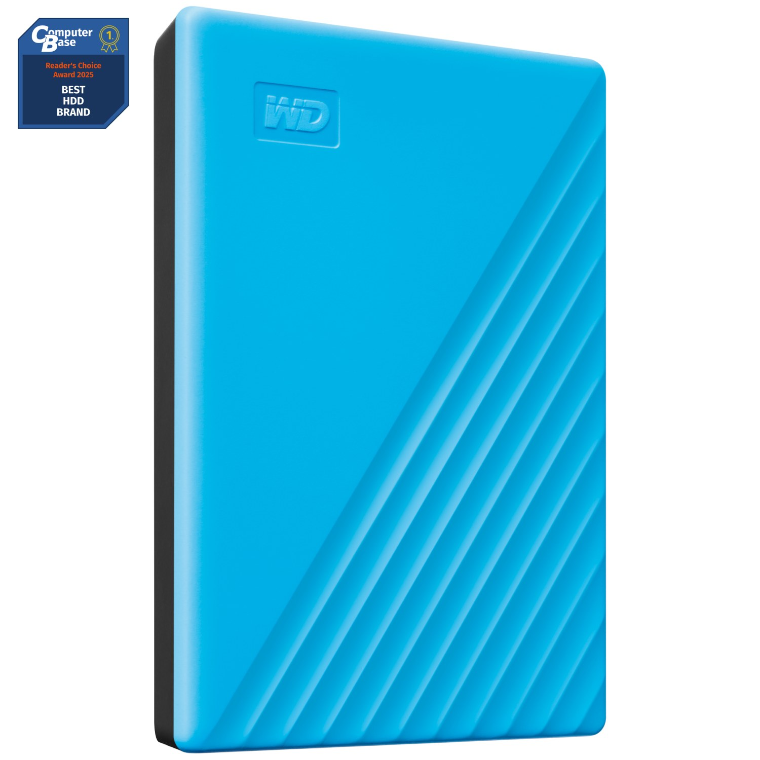 Un disco duro portátil wd azul con una insignia de premio que dice Computer Base numero uno Reader Choice Award 2025 Best HDD Brand