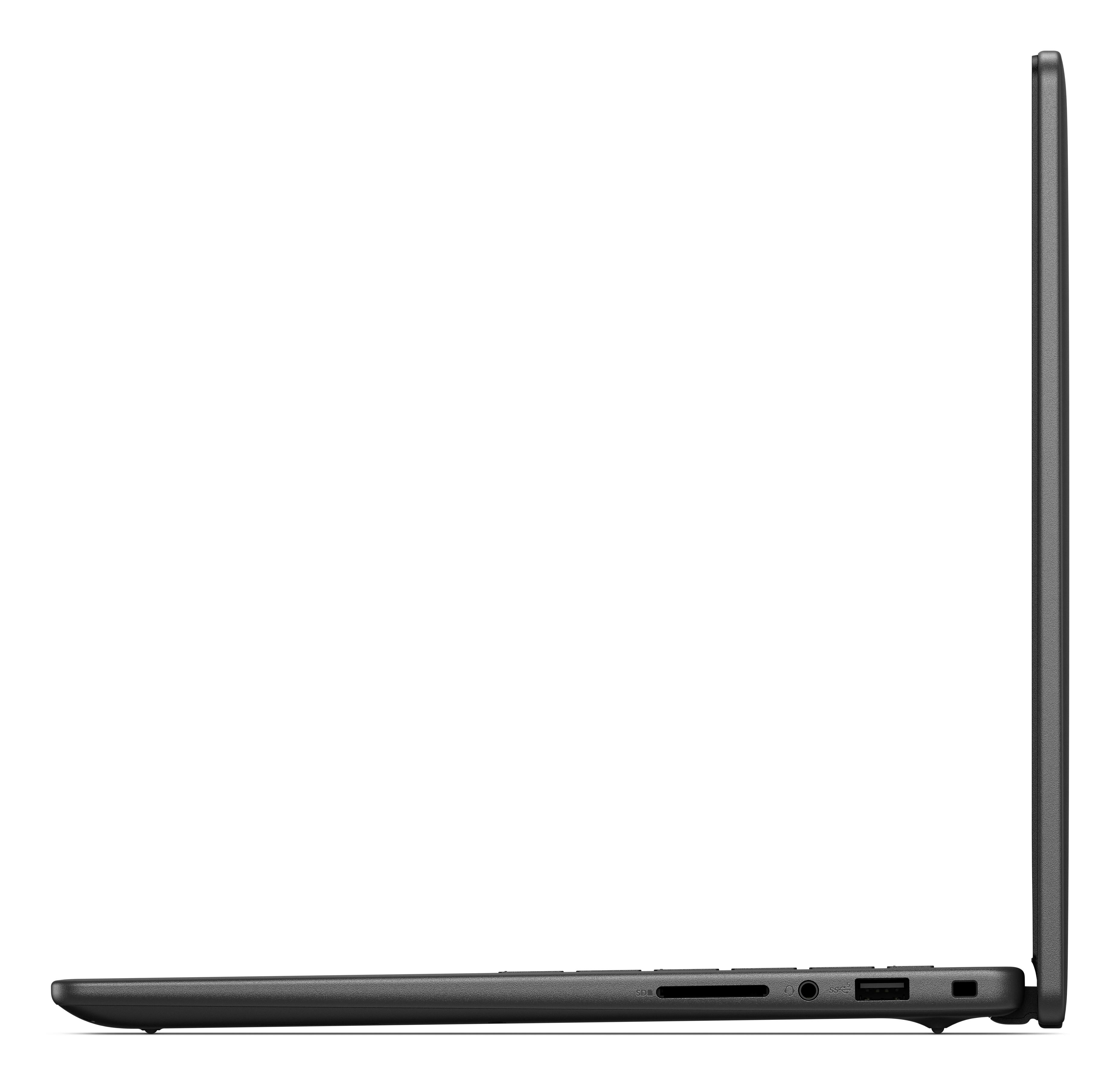 Seitenansicht eines geöffneten schwarzen Laptops. Zeigt Anschlüsse für SD, Audio und USB. Weißer Hintergrund.