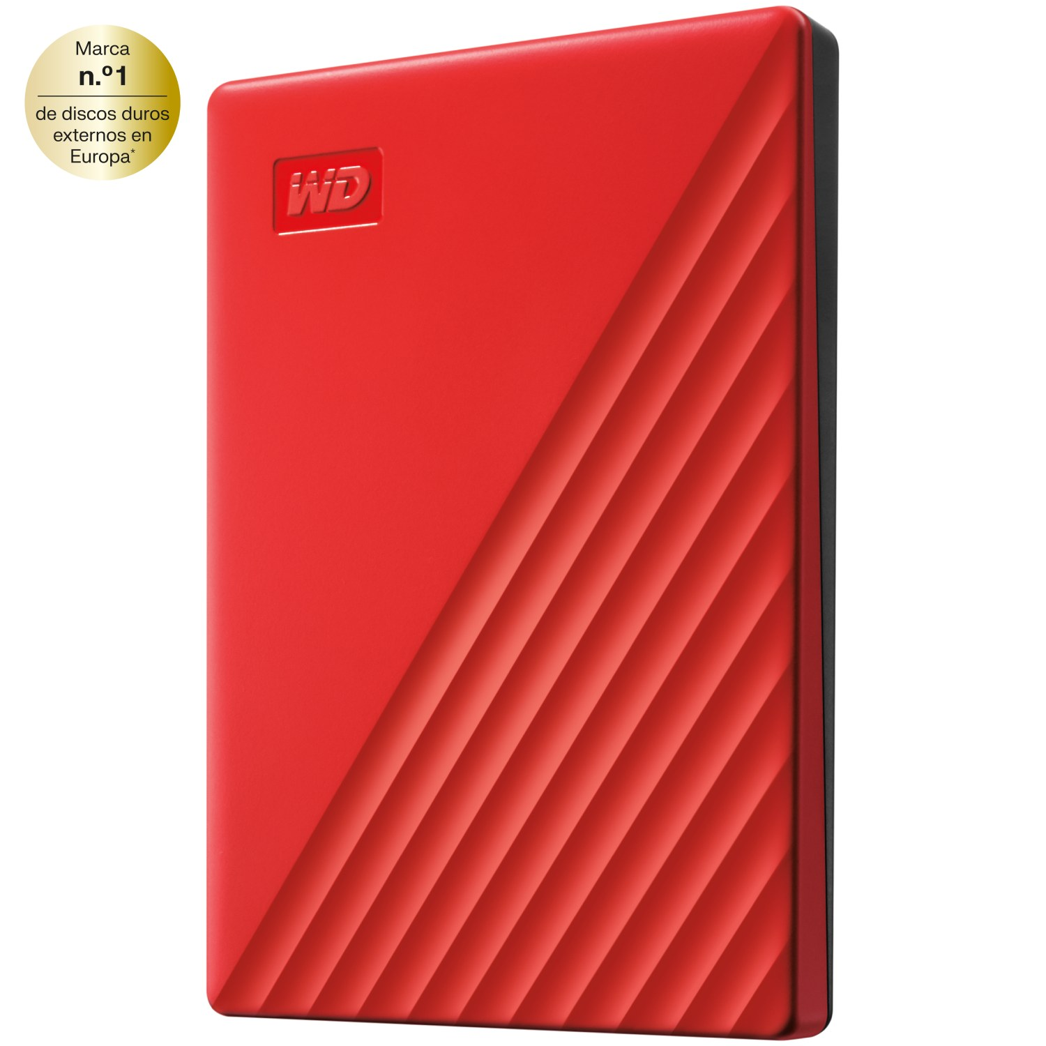 Un disco duro externo wd con una insignia que dice marca numero uno de discos duros externos en Europa