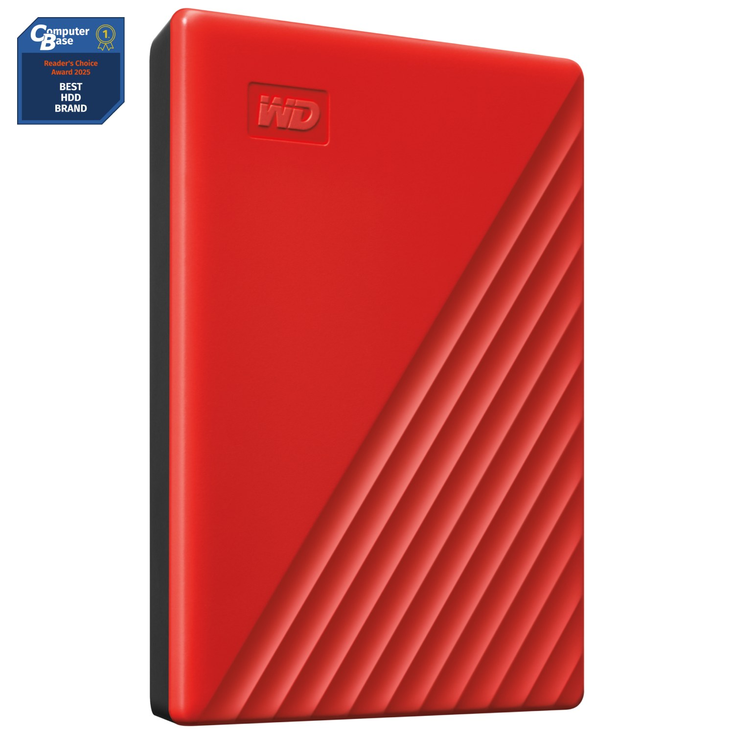 Un disco duro portátil wd rojo con una insignia de premio que dice Computer Base numero uno Reader Choice Award 2025 Best HDD Brand