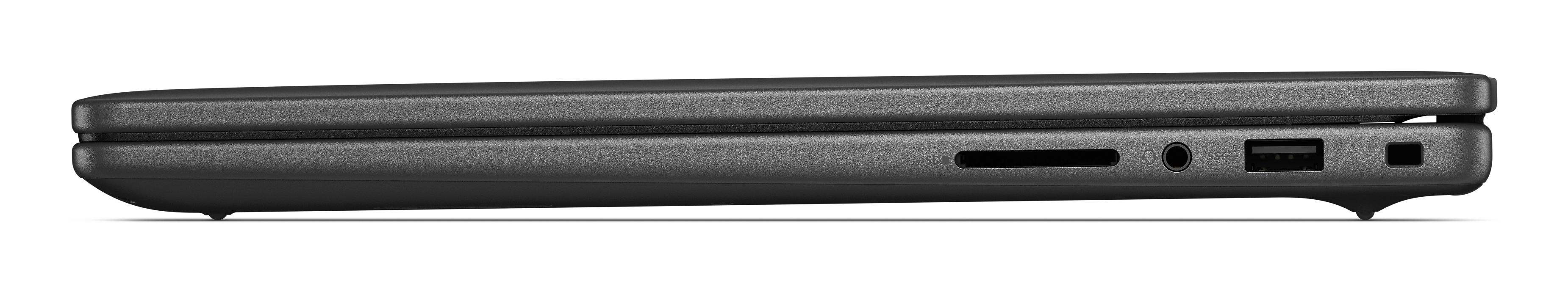 Seitenansicht eines dunkelgrauen Laptops mit Anschlüssen, einem Kartensteckplatz und einem USB-Anschluss auf weißem Hintergrund.