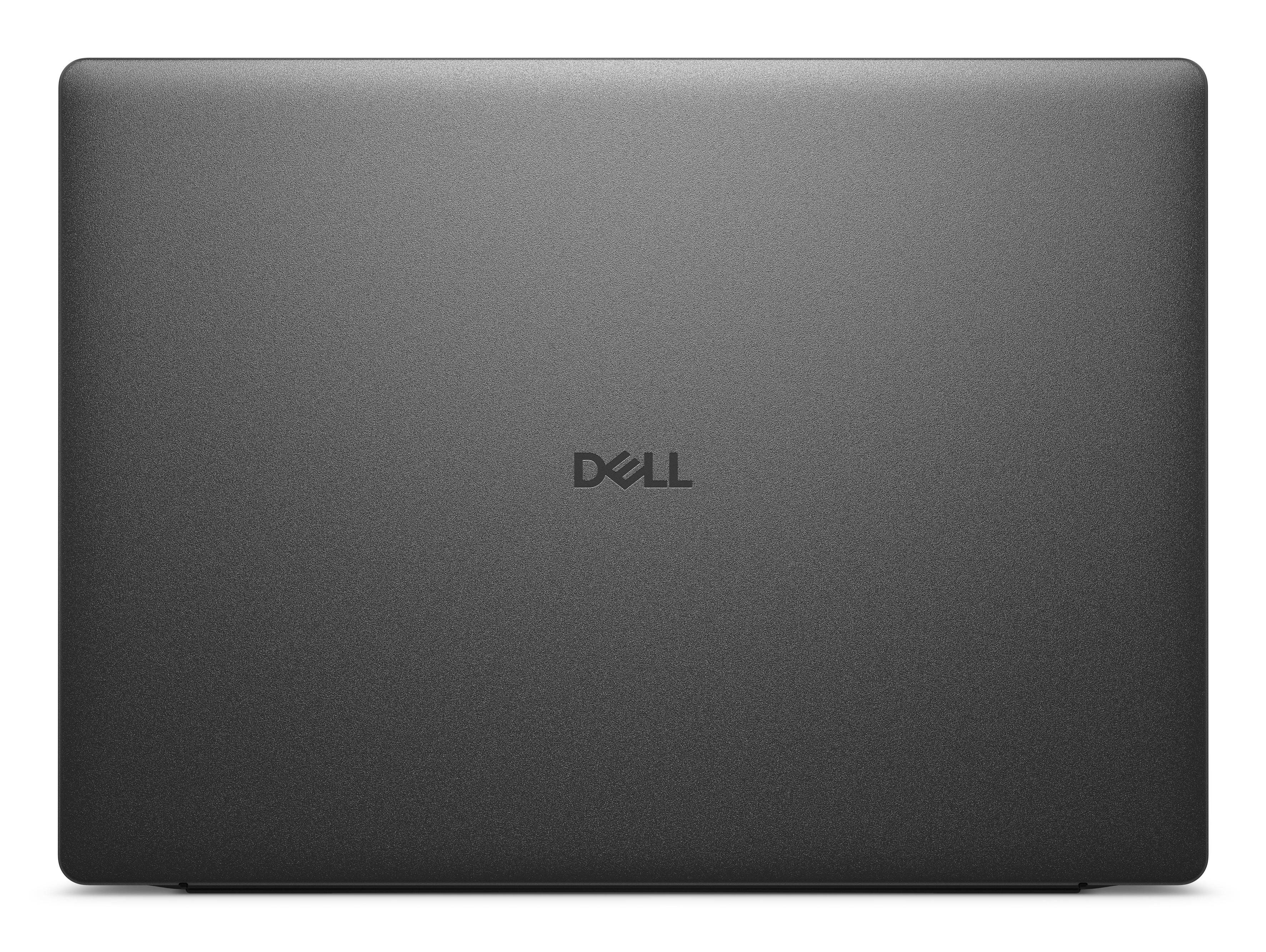 Ein geschlossener grauer Laptop mit dem Dell-Logo in der Mitte. Die Oberfläche hat eine strukturierte Optik.