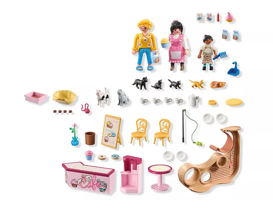 Eine Playmobil-Katzencafé-Szene mit Figuren, Katzen, Möbeln und Zubehör, darunter eine Theke, Stühle und Speisen.