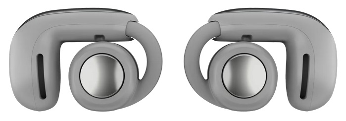 Dwa szare bezprzewodowe słuchawki z srebrnymi środkami, zaprojektowane do zaczepiania na uchu, wyświetlane na białym tle.