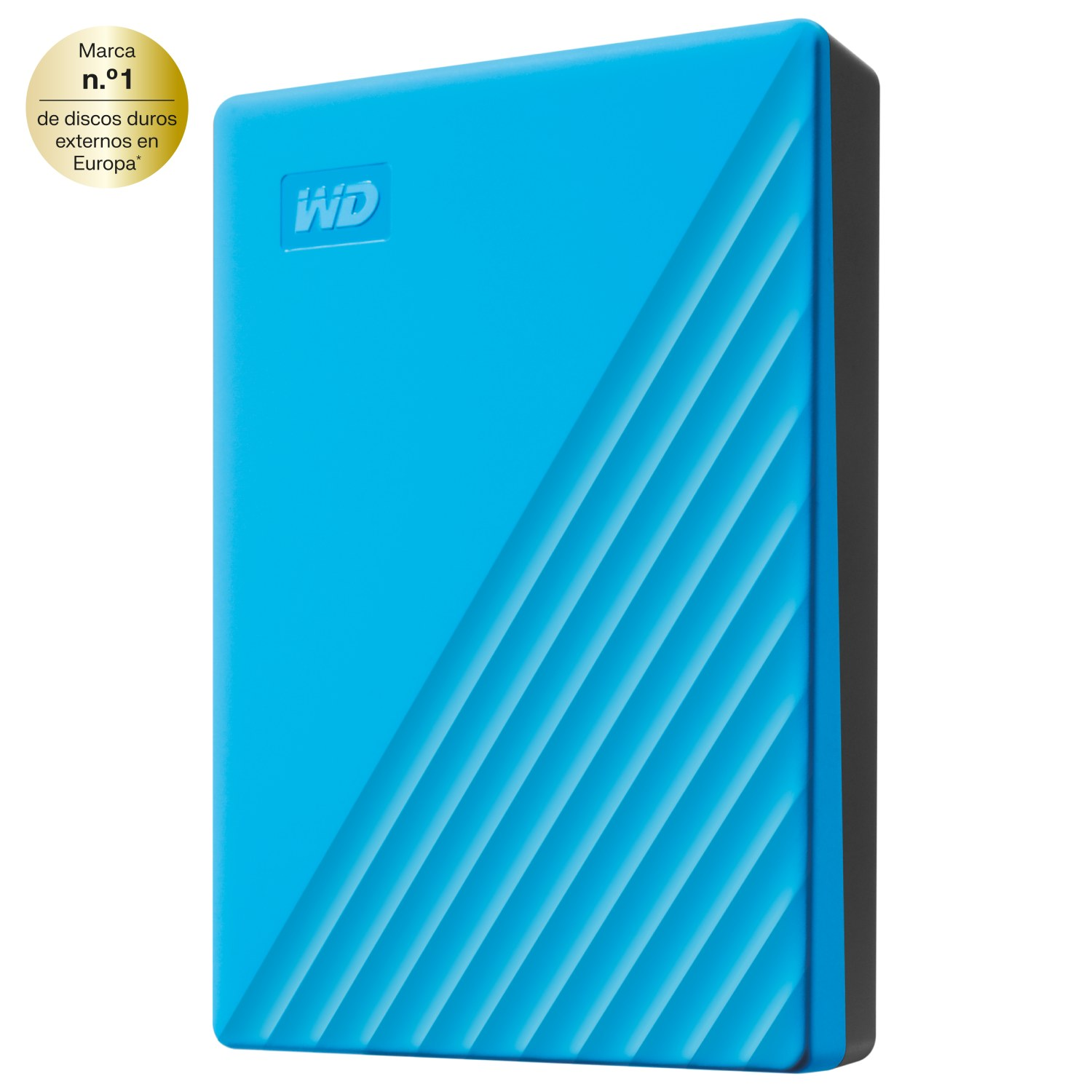 Un disco duro externo wd con una insignia que dice marca numero uno de discos duros externos en Europa