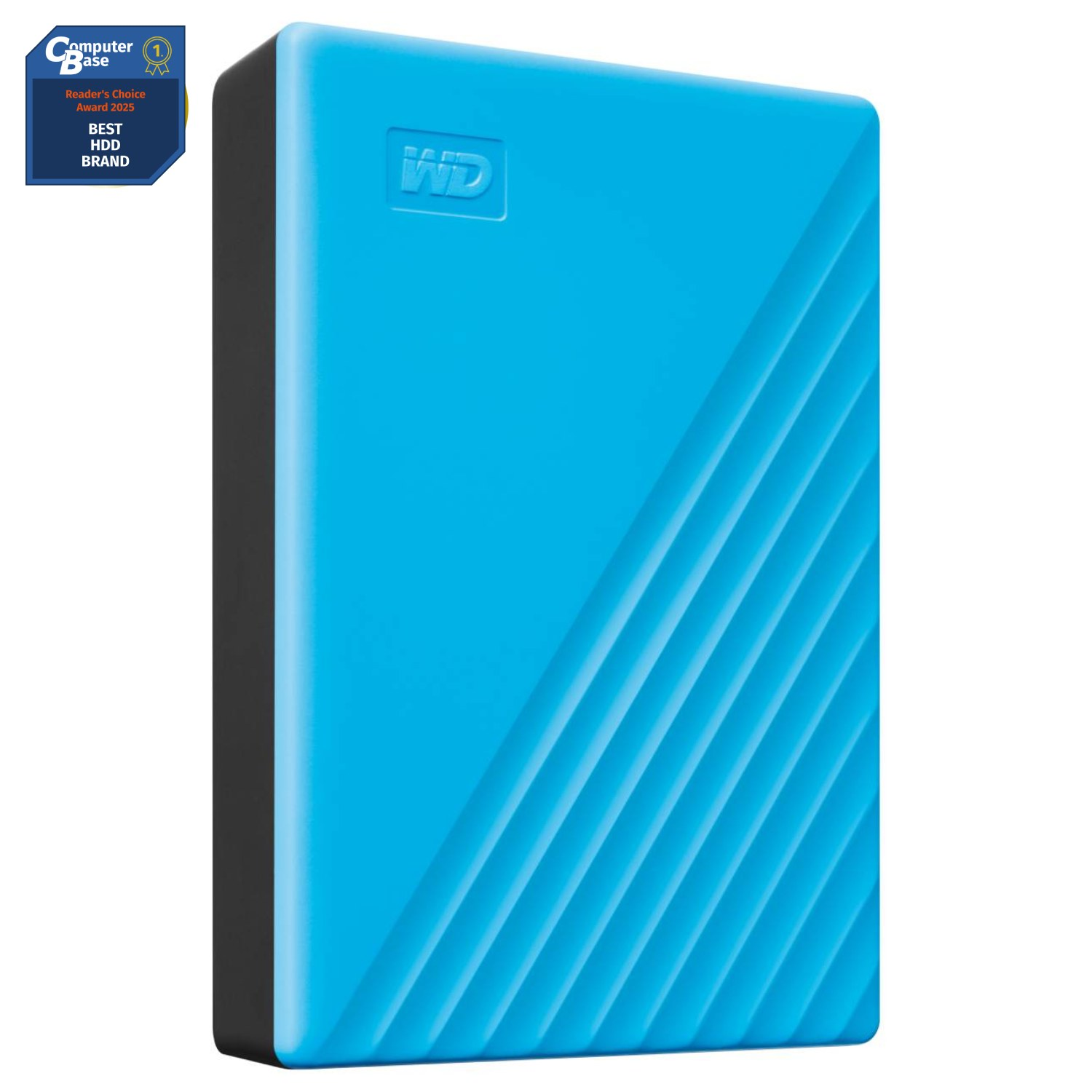 Un disco duro portátil wd azul con una insignia de premio que dice Computer Base numero uno Reader Choice Award 2025 Best HDD Brand