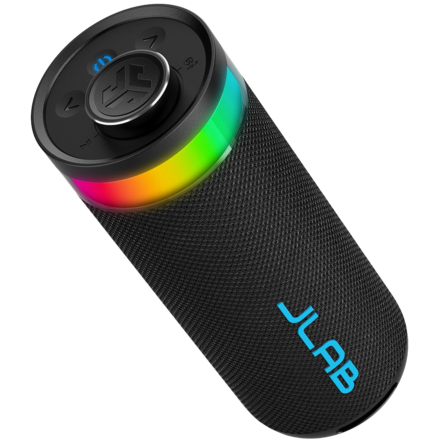 Zwarte cilindrische speaker met JLab logo, multi-color lichtring en bedieningsknoppen.