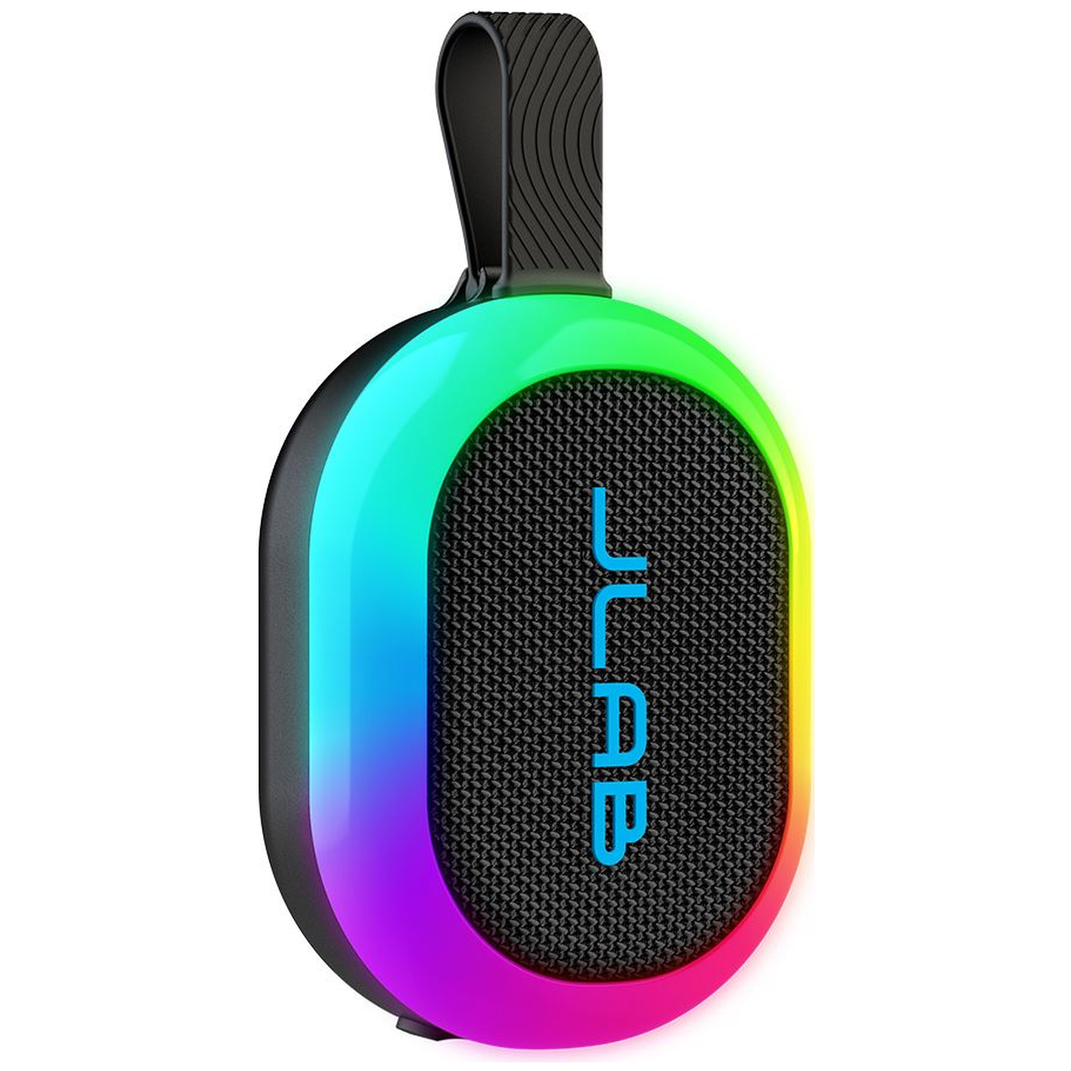 Een JLab Bluetooth-luidspreker. Het heeft een zwarte mesh voorkant, een regenboogkleurige rand en een zwarte handgreep. Het JLab-logo is blauw.