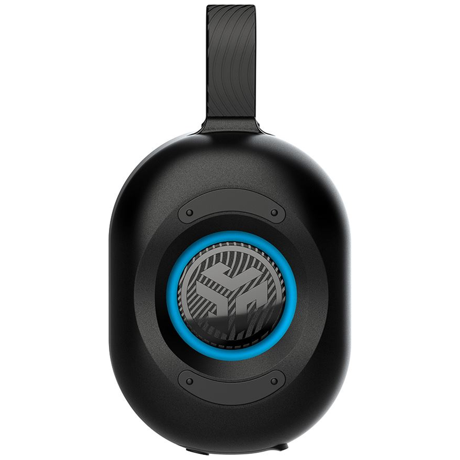 Zwart, ovaalvormig apparaat met handvat. Het heeft een cirkelvormig ontwerp met een blauwe ring en een logo. Details: schroeven en handvat.