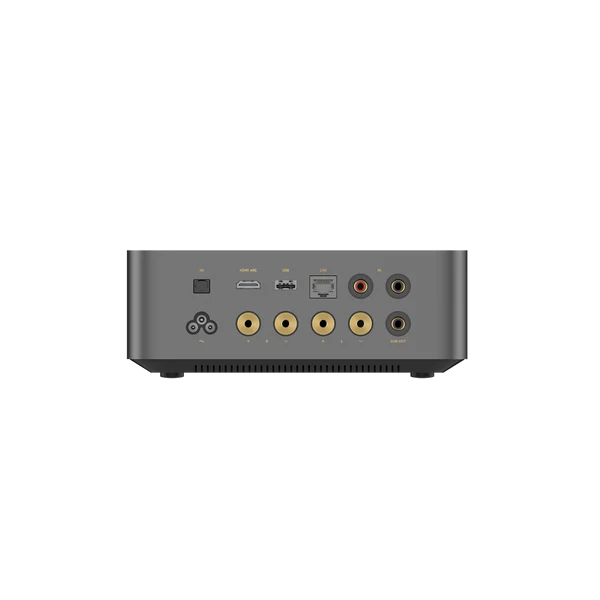 Rückseite eines dunkelgrauen Audiogeräts. Es hat mehrere beschriftete Ein-/Ausgänge, darunter HDMI, USB und LAN, mit goldfarbenen Anschlüssen.