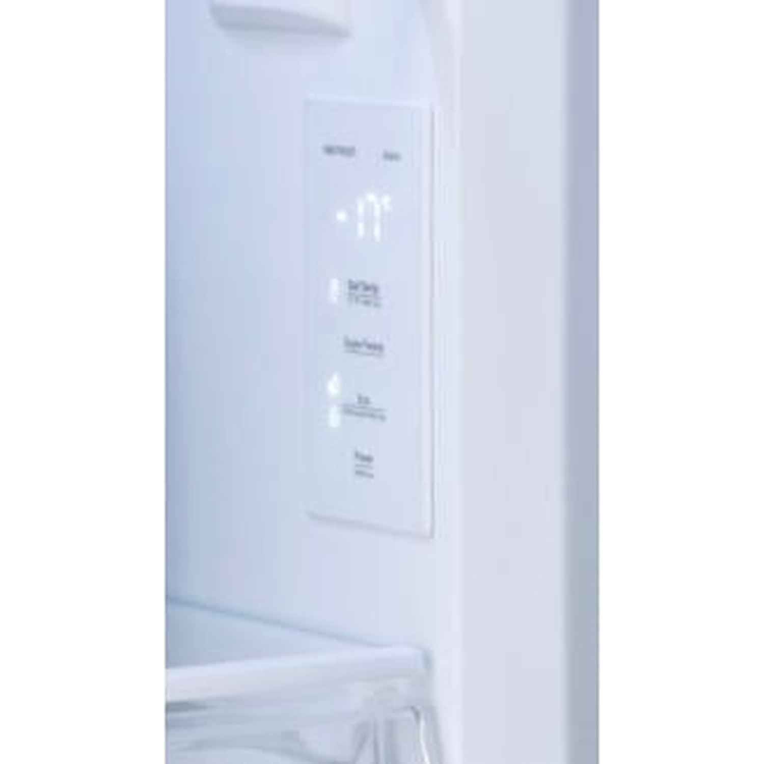 Le panneau de commande d'un réfrigérateur affiche -17 degrés. Les boutons indiquent des fonctions comme Super Freeze et Power. Le panneau est sur une surface blanche.