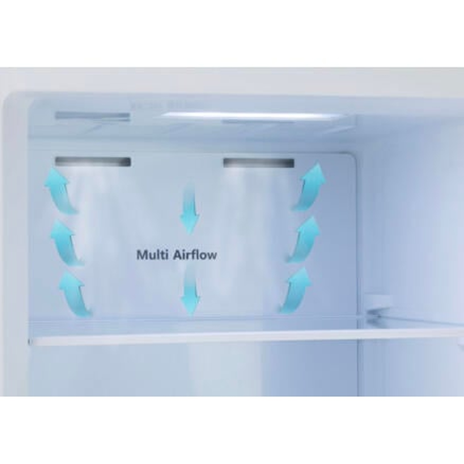 Intérieur d'un réfrigérateur. Flèches bleues indiquent le flux d'air. Texte : 'Multi Airflow'. Intérieur blanc avec une étagère.