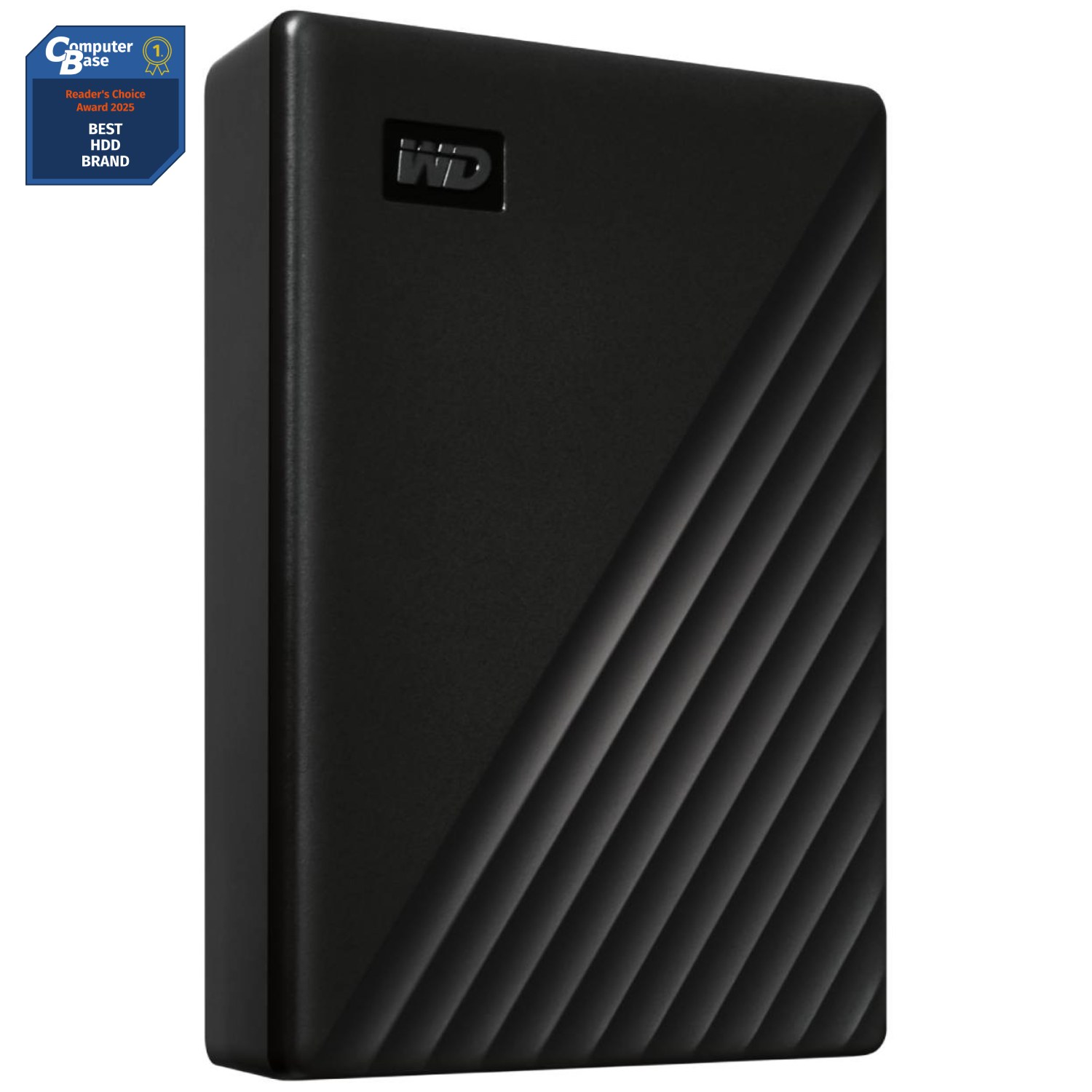 Un disco duro portátil wd negro con una insignia de premio que dice Computer Base numero uno Reader Choice Award 2025 Best HDD Brand