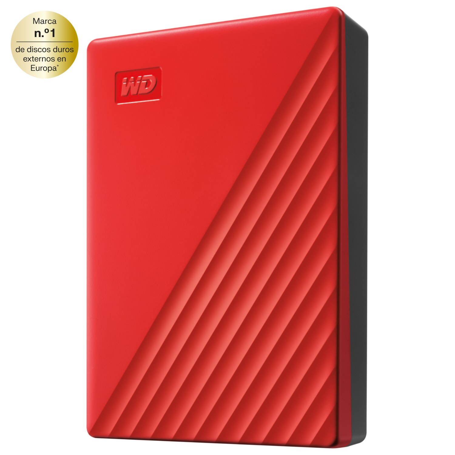Un disco duro externo wd con una insignia que dice marca numero uno de discos duros externos en Europa