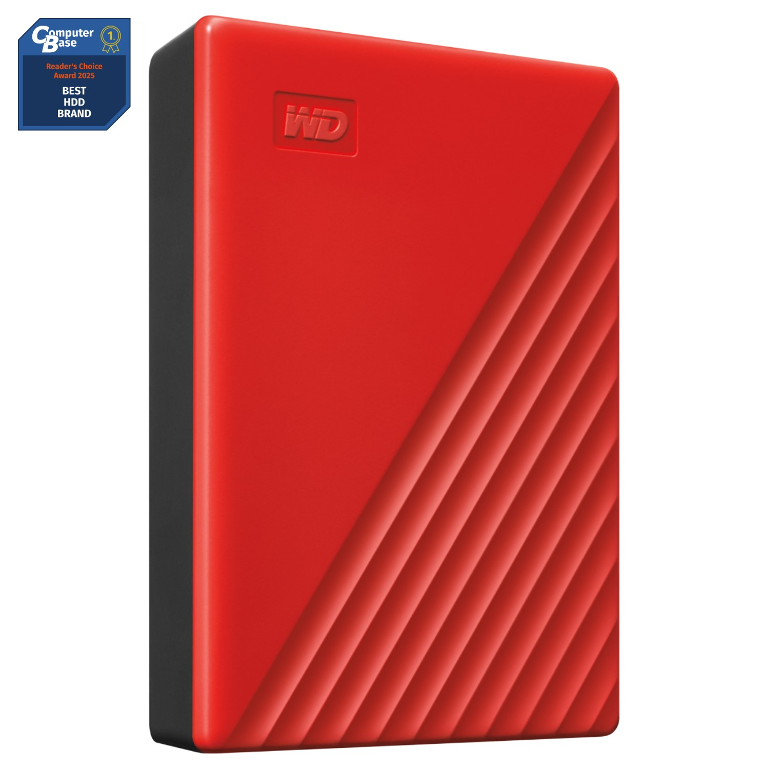 Un disco duro portátil wd rojo con una insignia de premio que dice Computer Base numero uno Reader Choice Award 2025 Best HDD Brand