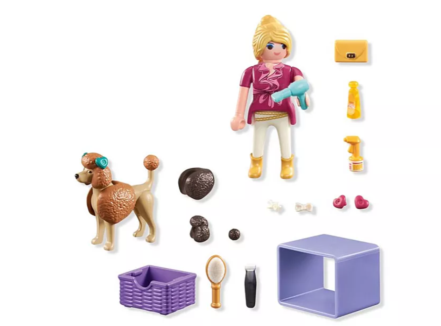 Ein Hundefrisier-Set mit einem Pudel, einer Frauenfigur und Pflegeutensilien auf weißem Hintergrund.