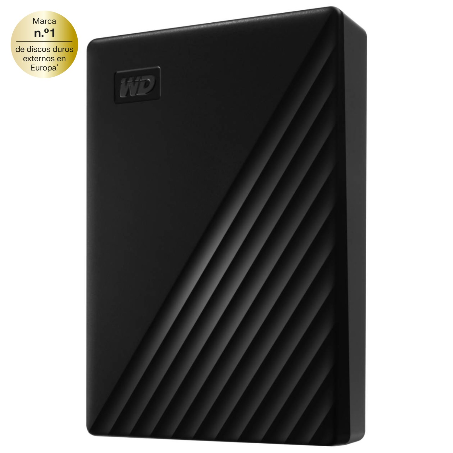 Un disco duro externo wd con una insignia que dice marca numero uno de discos duros externos en Europa