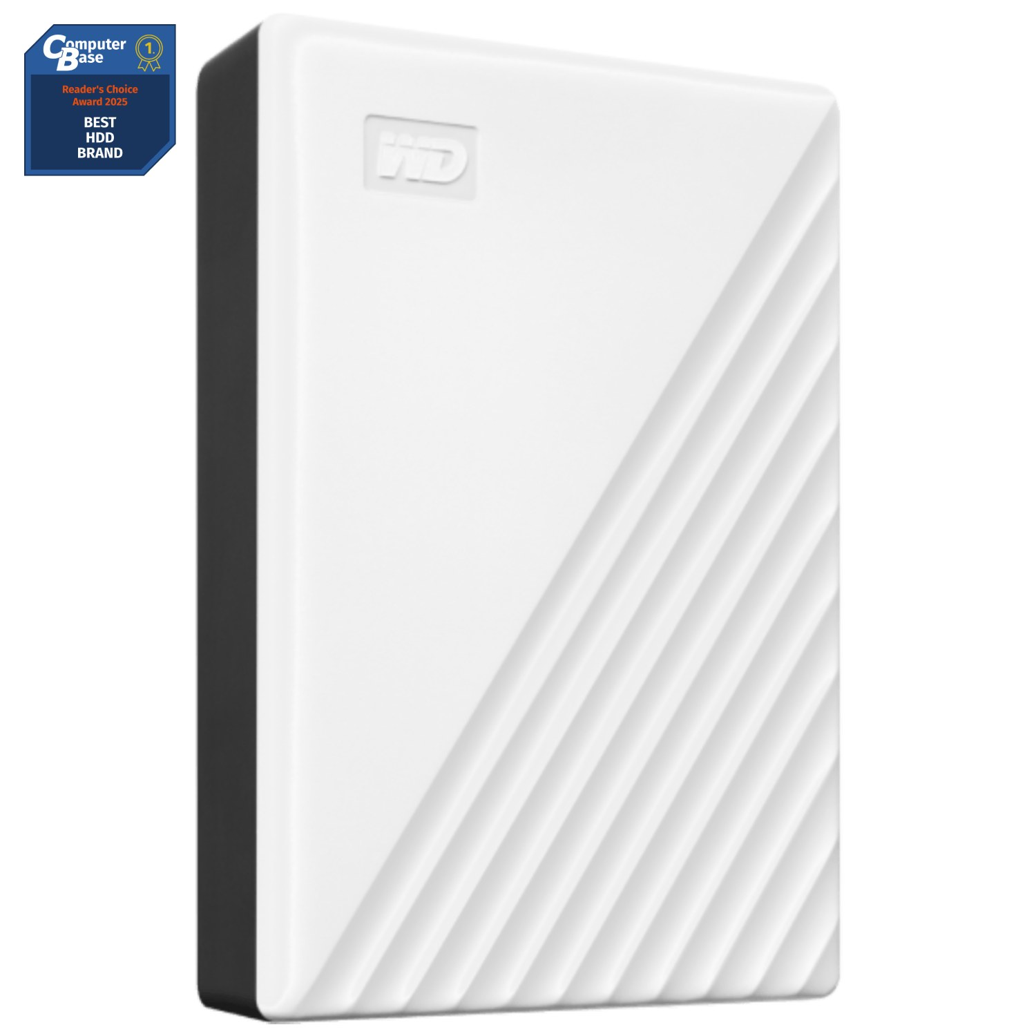 Un disco duro portátil wd blanco con una insignia de premio que dice Computer Base numero uno Reader's Choice Award 2025 Best HDD Brand