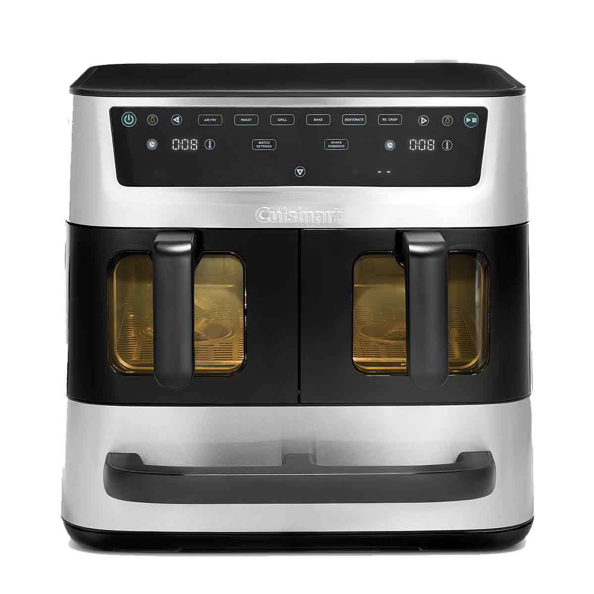Ein Cuisinart-Heißluftfritteusenofen mit zwei Fächern. Er verfügt über ein digitales Display und verschiedene Kochfunktionsknöpfe.