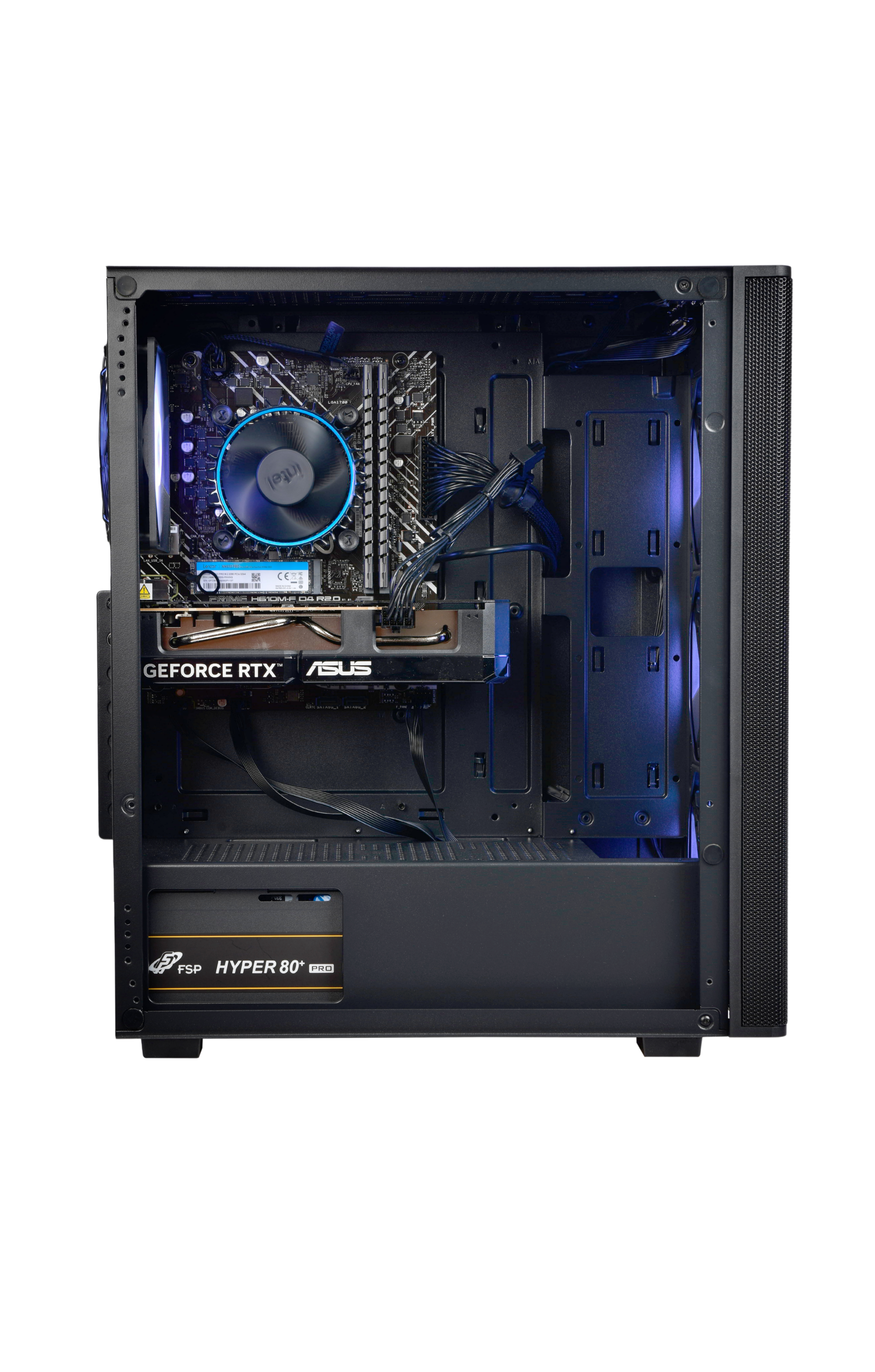 Görünür bileşenlere sahip açık bir bilgisayar kasası. Bir anakart, GPU, CPU soğutucu ve güç kaynağı içerir.