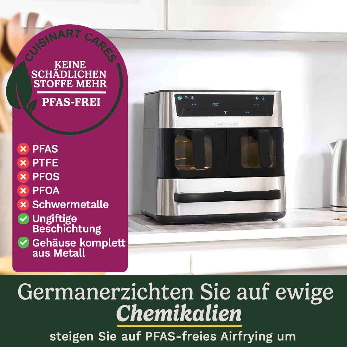 Ein Cuisinart-Heißluftfritteuse mit lila Etikett, das PFAS-freie Merkmale hervorhebt. Ein Edelstahlkessel im Hintergrund.