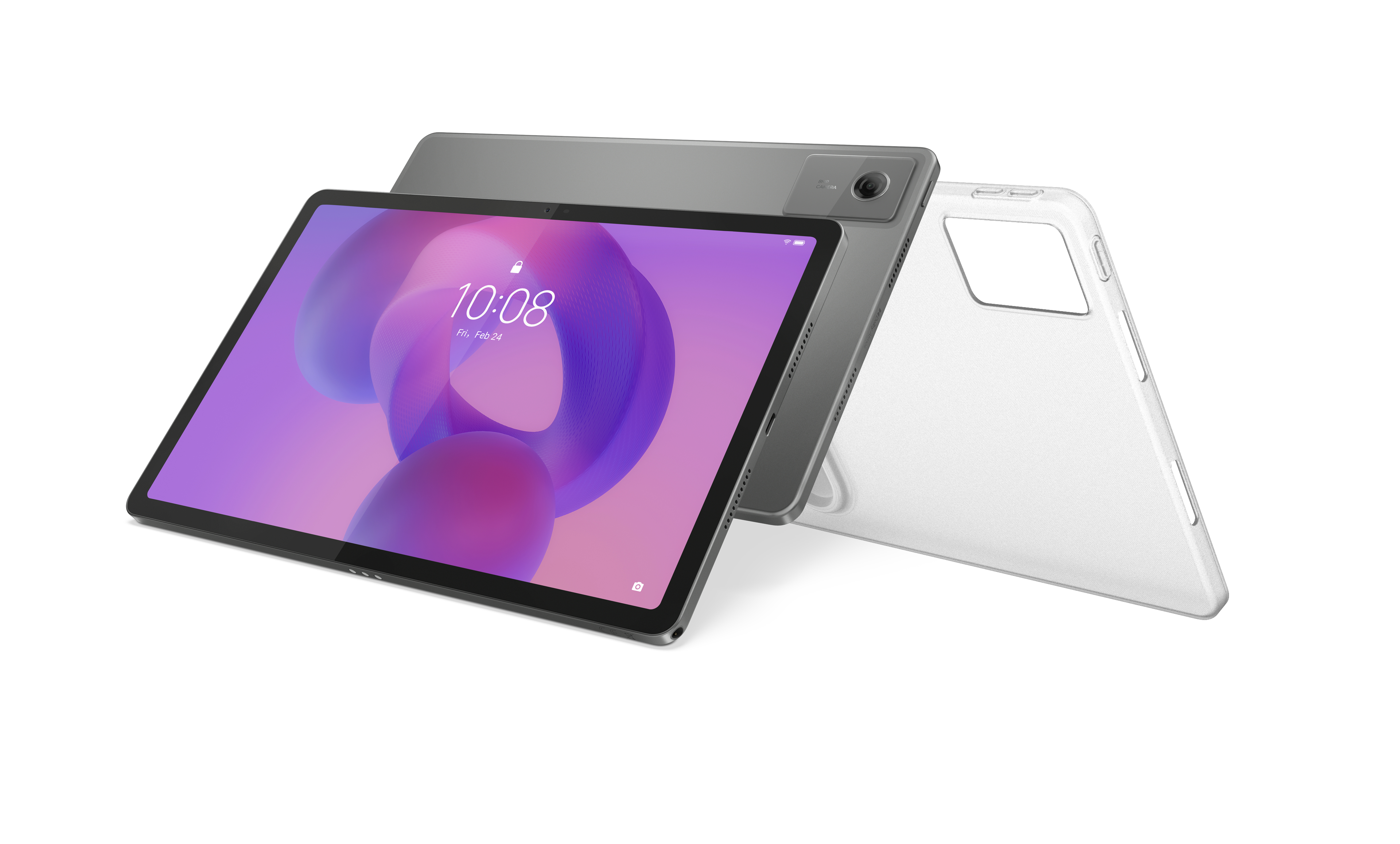 Ein Tablet mit Anzeige der Uhrzeit und eine transparente Schutzhülle, alles vor weißem Hintergrund.