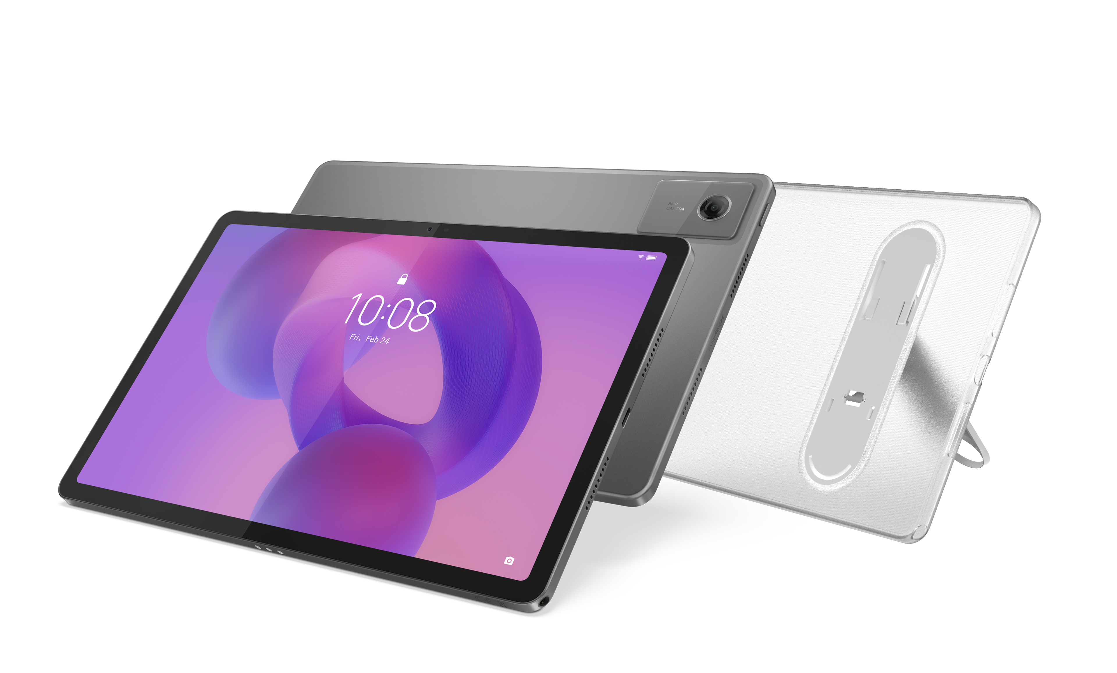 Ein Tablet mit lila und pinkfarbenem Bildschirm, Zeit wird angezeigt. Ein anderes Tablet und ein Ständer dahinter, alles auf weißem Hintergrund.