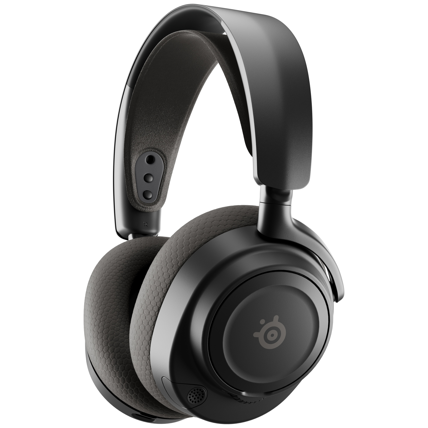 Casque de jeu noir et gris. Le casque est doté d'un bandeau et d'oreillettes rembourrés. Les oreillettes présentent un motif en nid d'abeille. Le logo SteelSeries est visible.