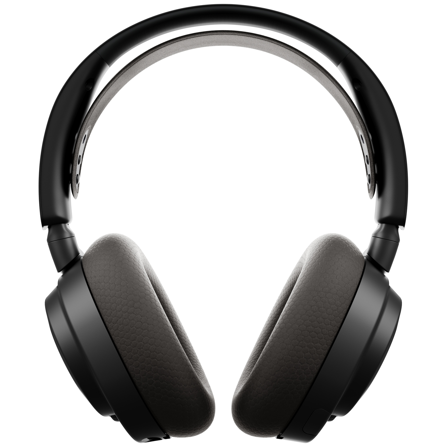 Casque noir sur fond blanc. Les écouteurs sont gris, avec un bandeau et des charnières noirs. Vue rapprochée.