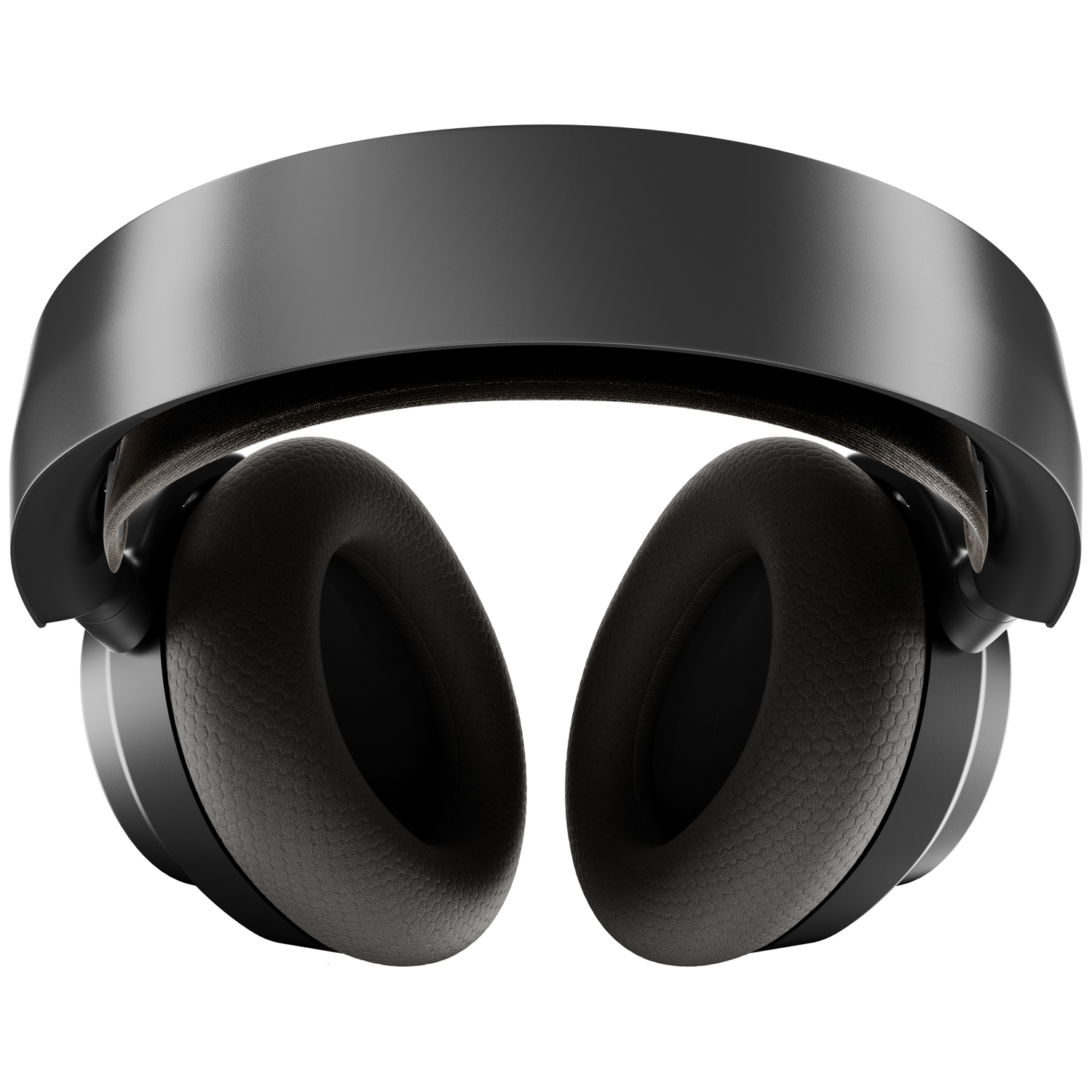 Casque noir avec bandeau et oreillettes rembourrés. Les oreillettes sont gris foncé avec une surface texturée, sur fond blanc.