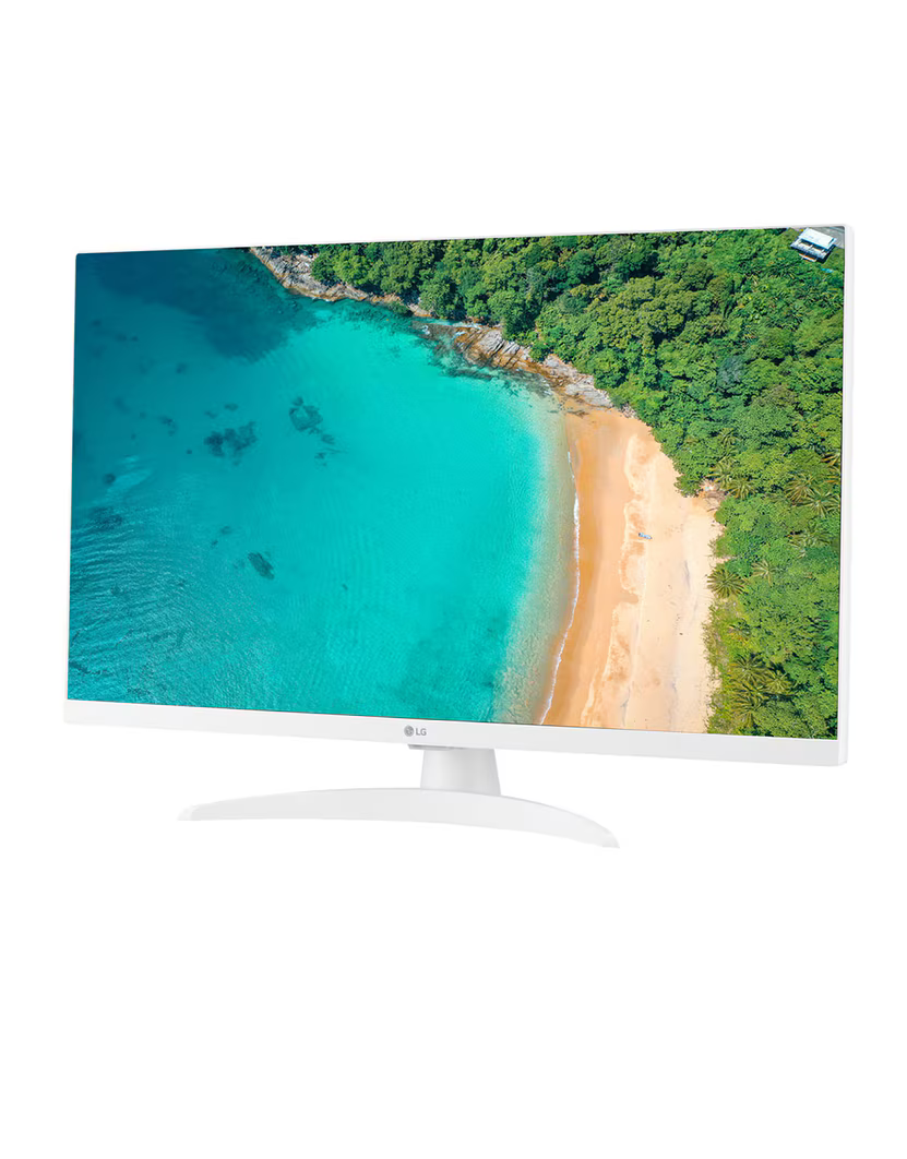 A fehér monitor egy türkizkék vizű strandot és buja zöld fákat jelenít meg. A monitor ívelt állvánnyal rendelkezik, fehér háttéren.
