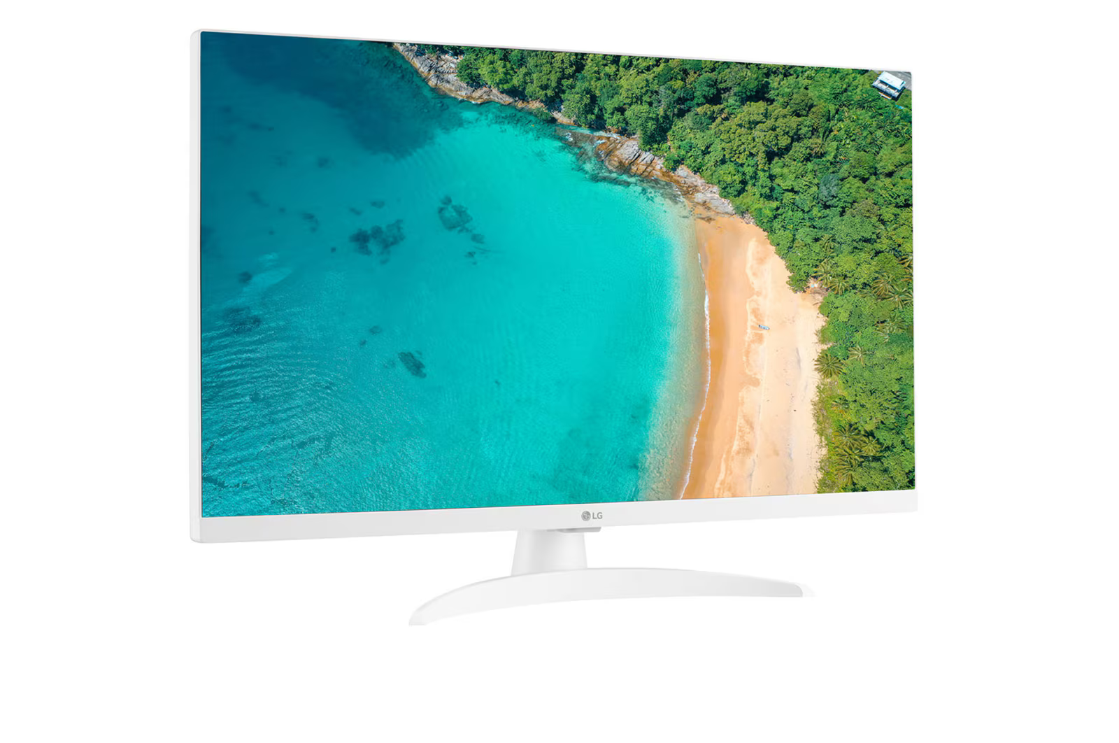 Fehér LG monitor türkizkék vizű tengerparti jelenetet jelenít meg, homokos stranddal és zöld fákkal. A monitor fehér állványon van.