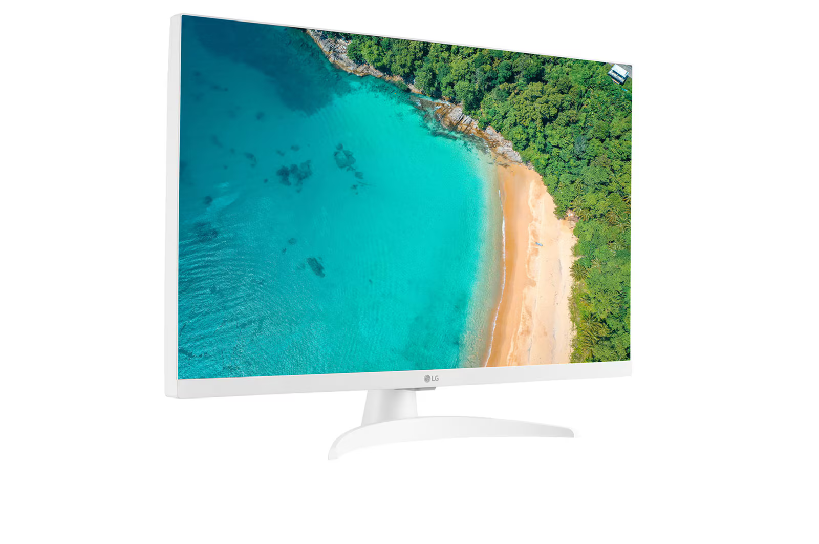 A fehér LG monitor trópusi strandot jelenít meg, türkizkék vízzel, homokos parttal és zöld lombozattal.