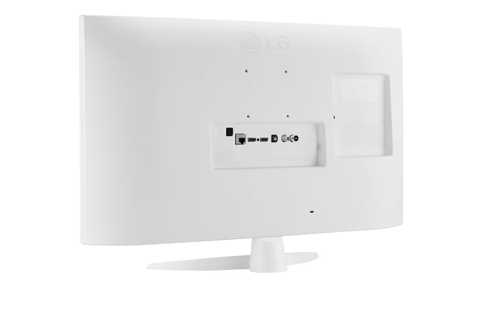 Fehér LG monitor hátulnézete, látható csatlakozókkal. Tartalmazza a táp-, Ethernet-, HDMI- és antenna portokat.