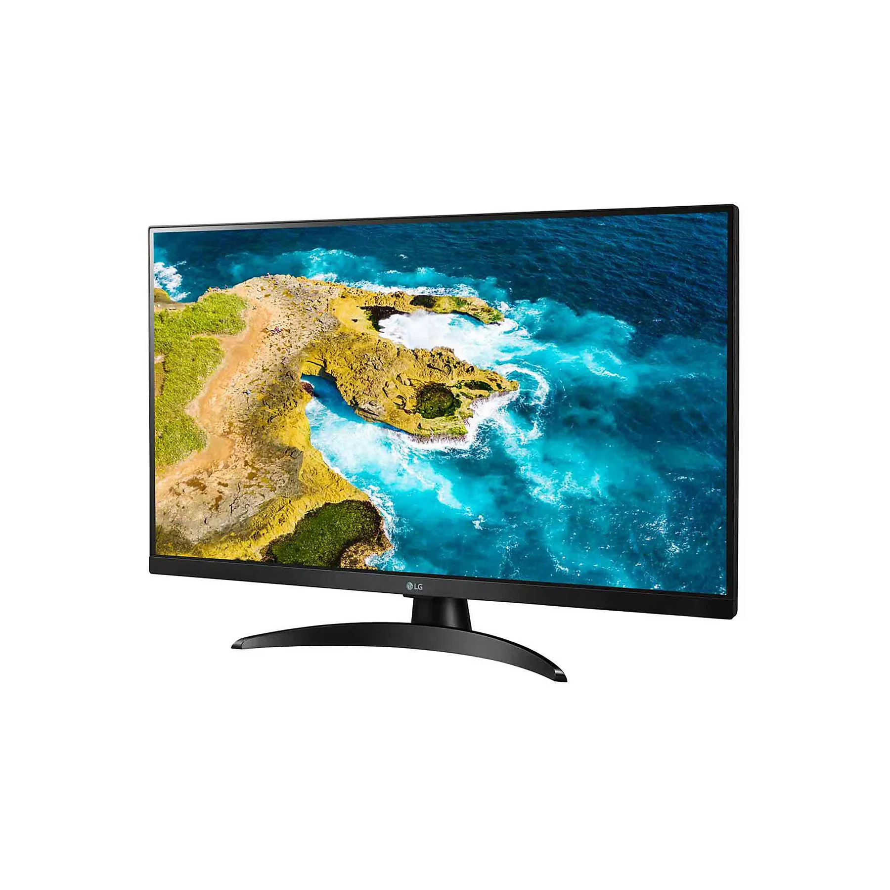 Az LG monitor tengerparti jelenetet jelenít meg kék vízzel, zöld és sárga szárazföldekkel. A monitor fekete, ívelt talppal.