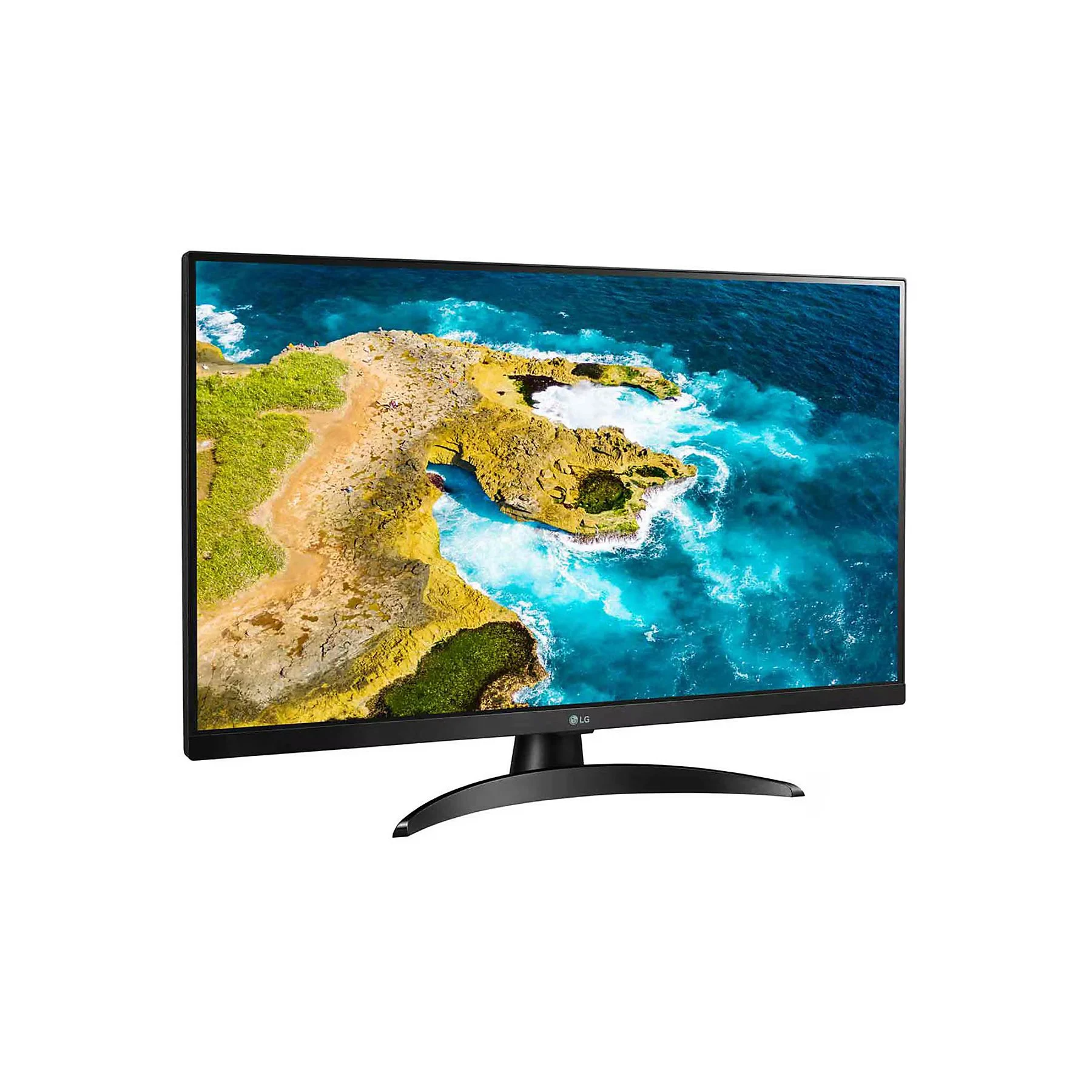 Az LG monitor egy tengerparti jelenetet mutat. A jelenet egy sziklát, kék tengert, a monitor fekete keretét és állványát mutatja.