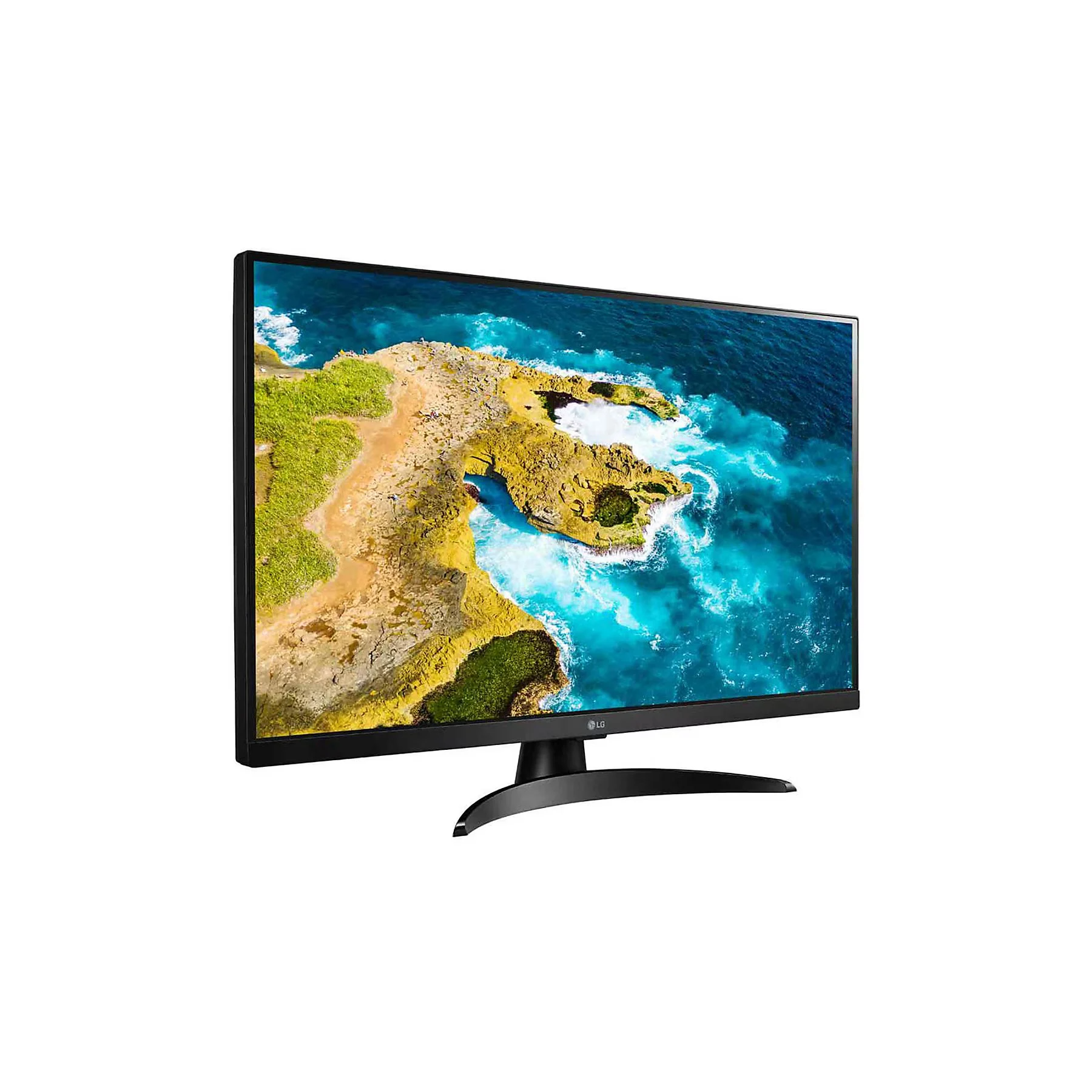 Egy LG monitor, amely óceánt, zöld sziklákat és sárga szárazföldet ábrázol. Fekete keret és állvány.