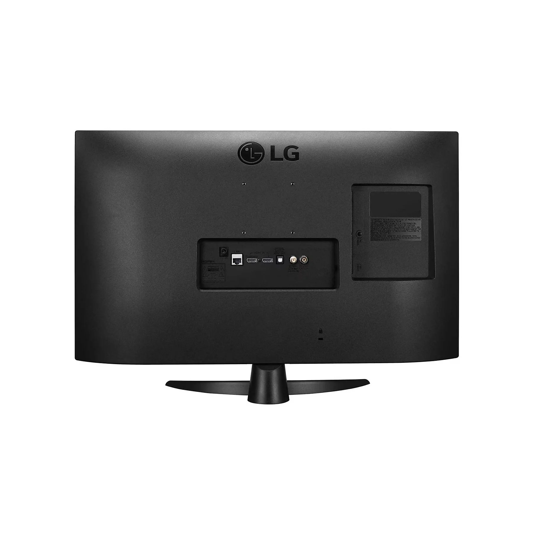 Fekete LG TV hátulja. Portok és csatlakozások láthatók. A talp fekete, a tetején az LG logó.